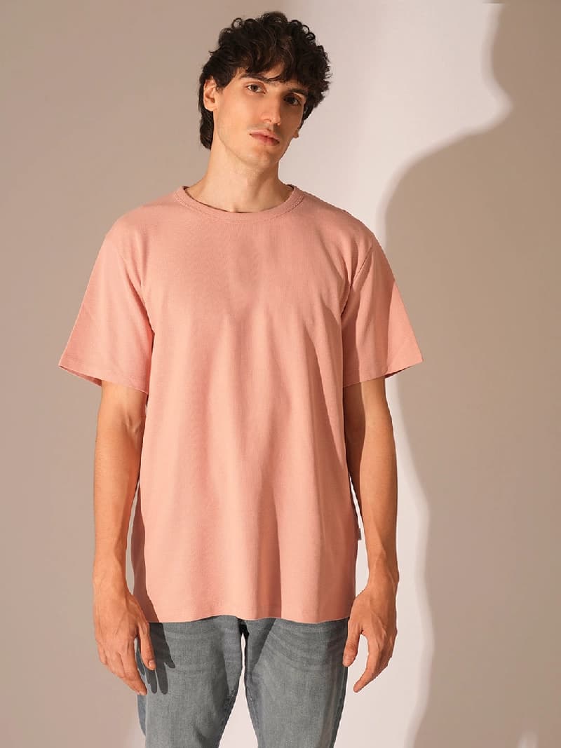 Men's Peach Casual Solid Half Sleeves Tshirt