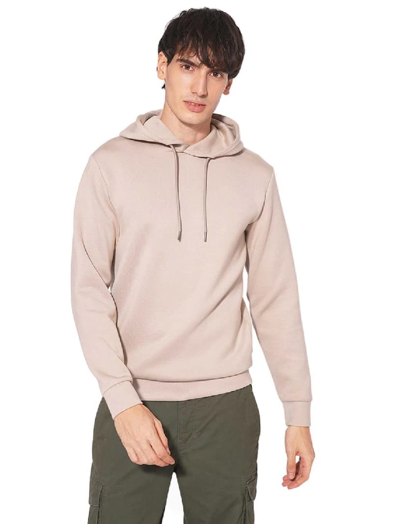Men's Beige Casual Regular Fit Solid Full Sleeves Hoodie