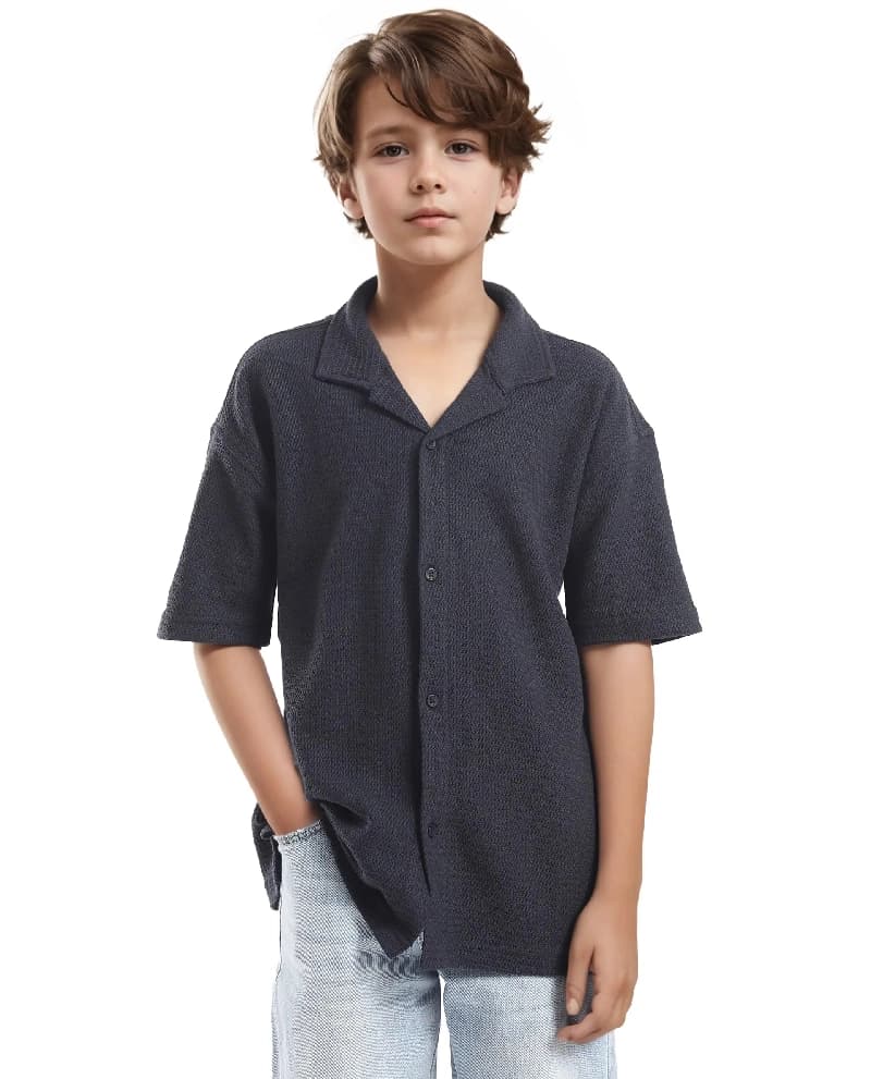 Boys Navy Casual Regular Fit Solid Half Sleeves Shirt