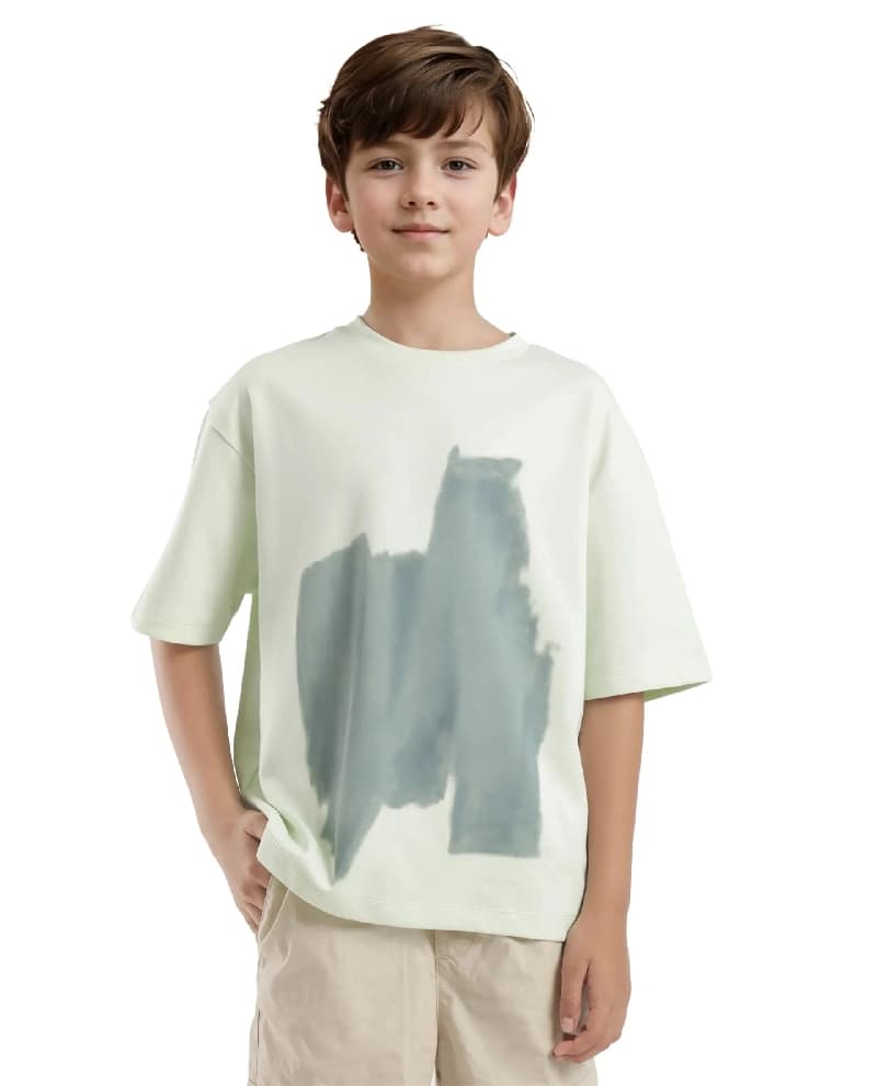Boys Green Casual Oversized Fit Graphic Printed Half Sleeves Tshirt