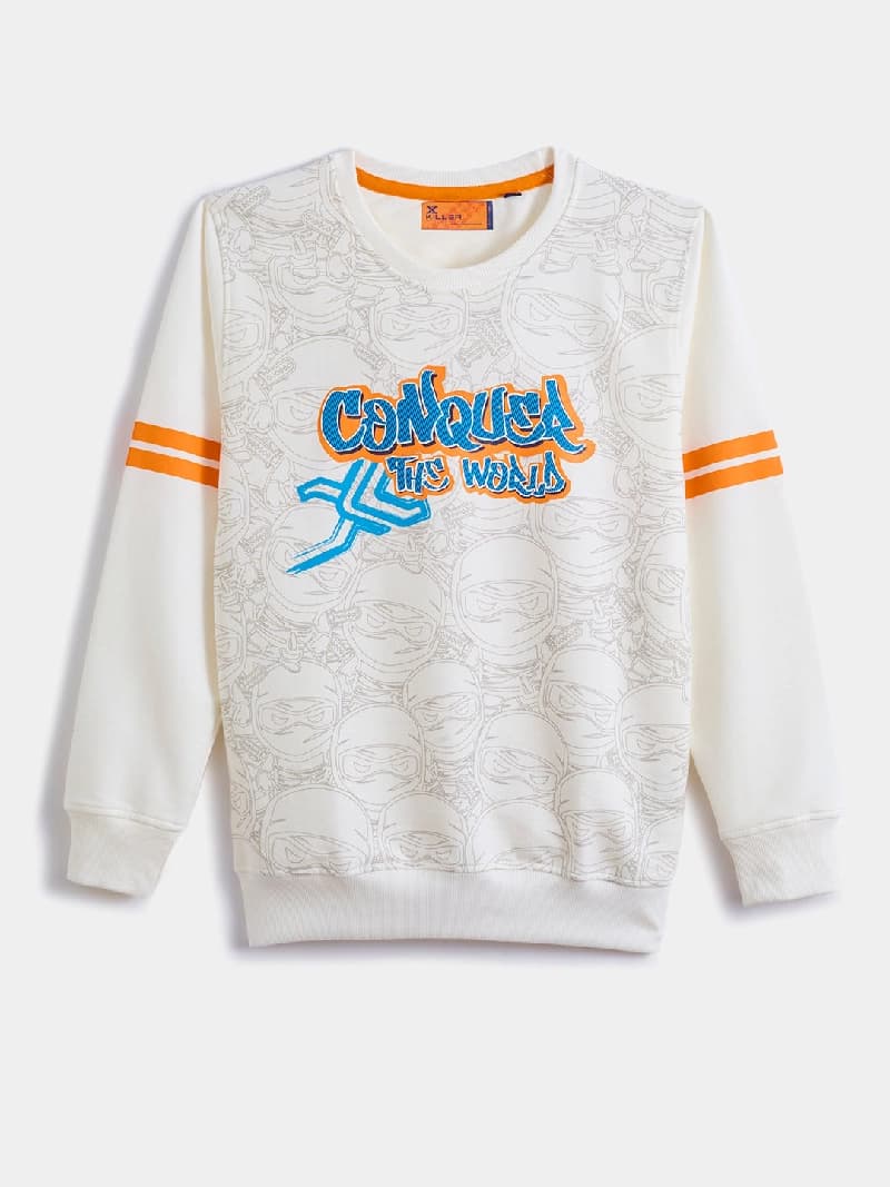 Boys White Casual Slim Fit Printed Full Sleeves Sweatshirt
