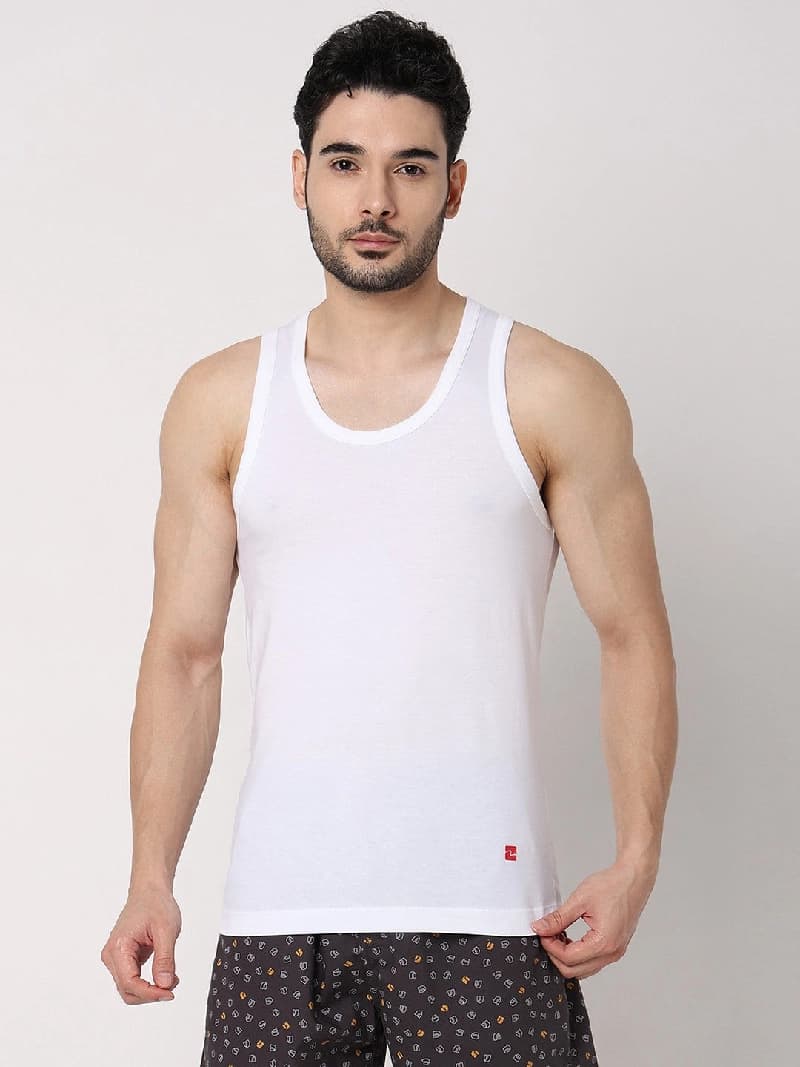 Men's White Solid Round Neck Vest