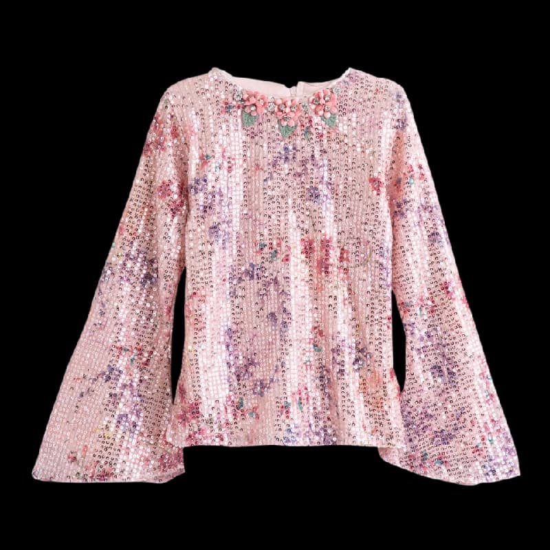 Girls Pink Party Regular Printed Full Sleeves Top