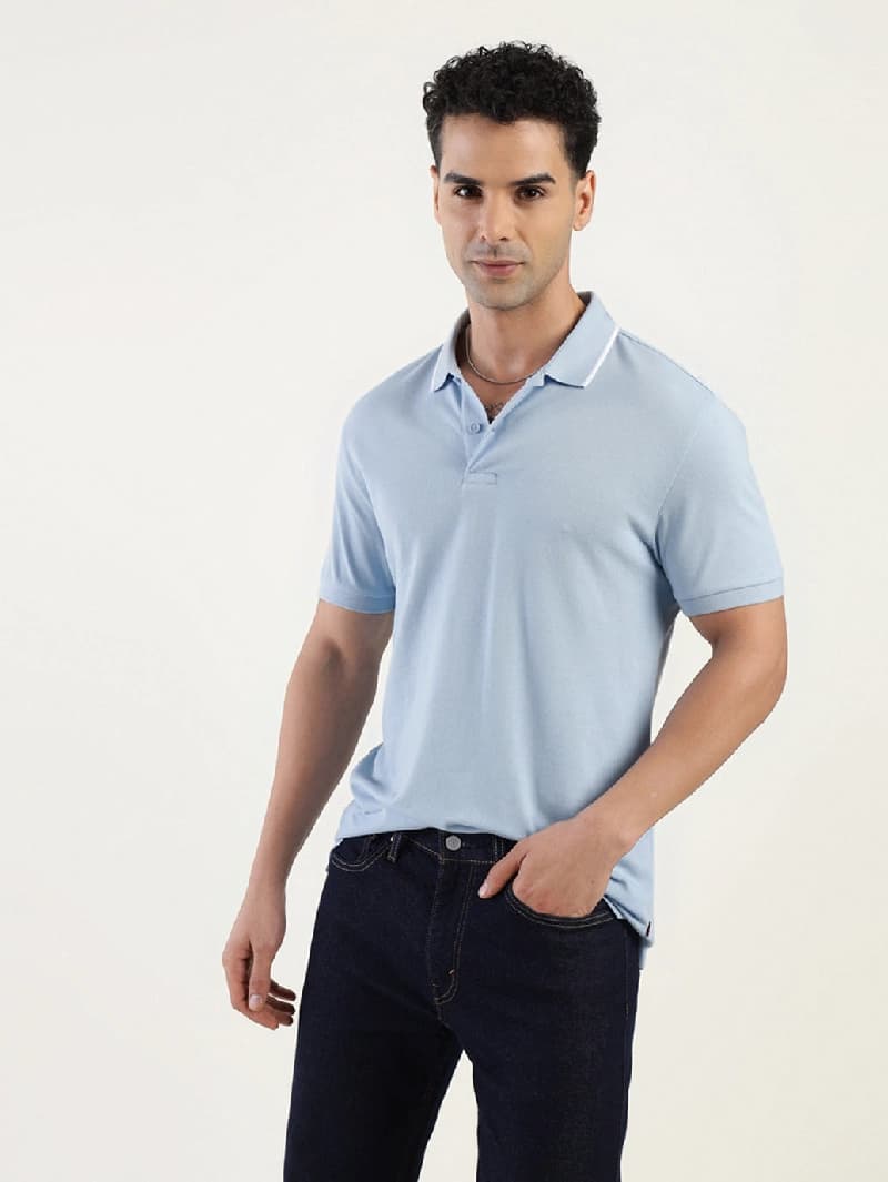 Men's Blue Casual Solid Regular Fit Polo Tshirt
