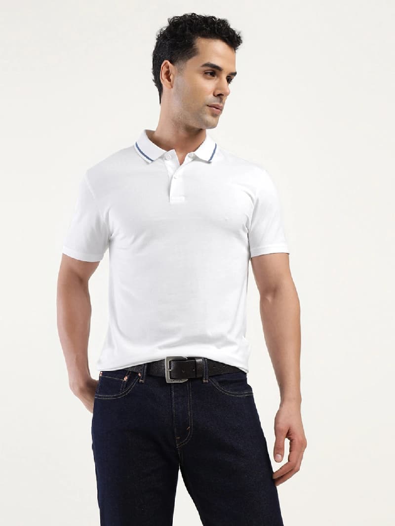 Men's White Casual Solid Regular Fit Polo Tshirt