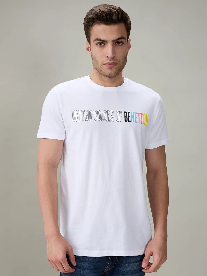 Men's White Casual Printed Regular Fit Tshirt