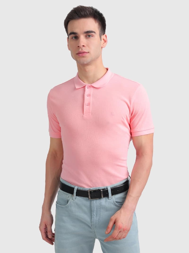 Men's Pink Casual Solid Slim Fit Polo Tshirt
