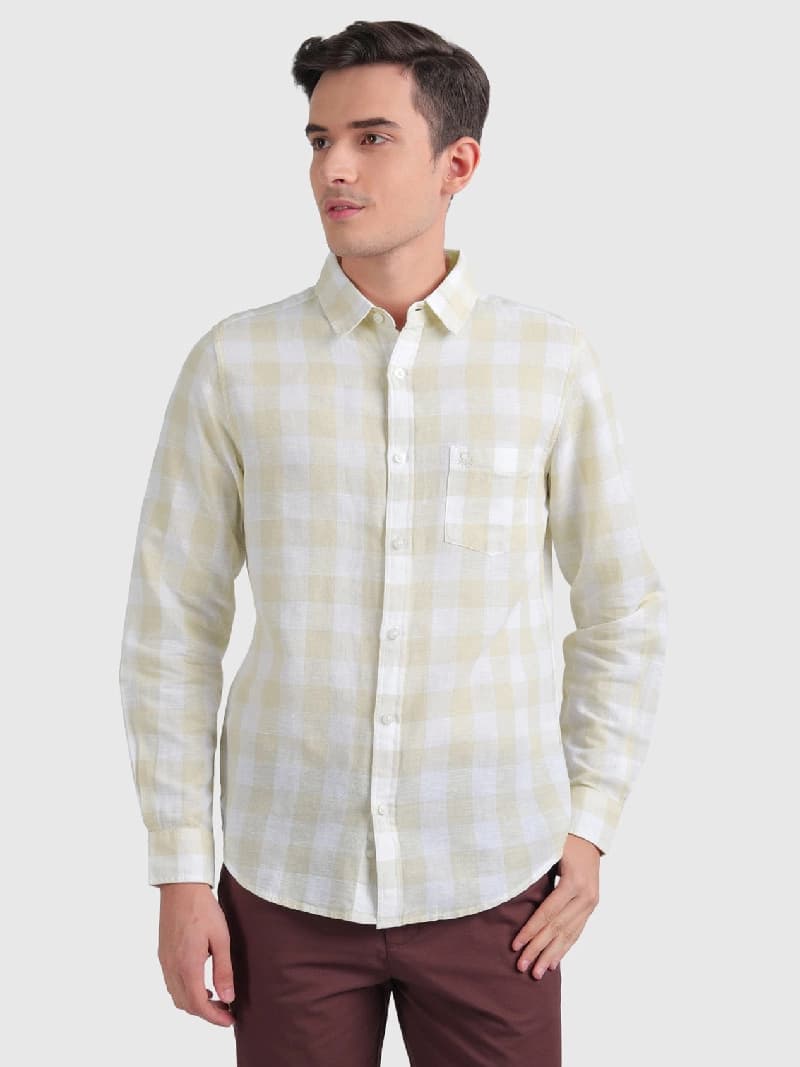 Men's Beige Casual Checked Slim Fit Shirt