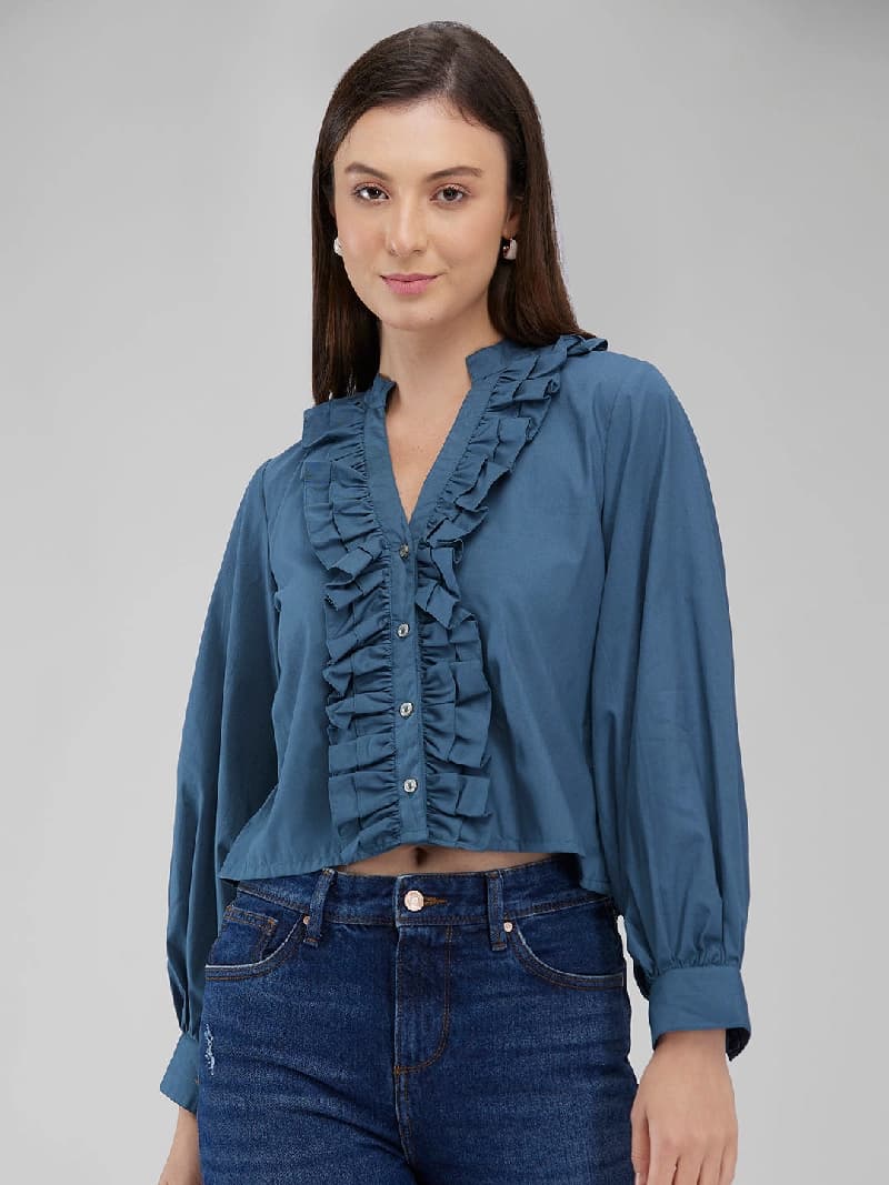 Women's Blue Casual Solid Top