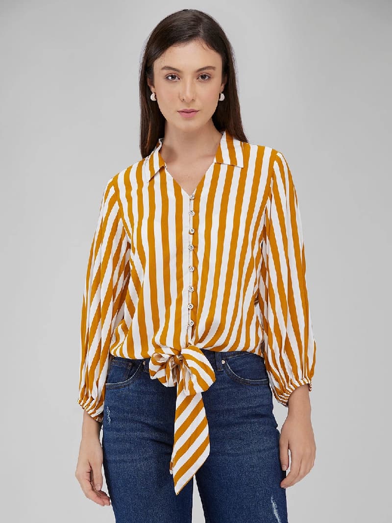 Women's Yellow Casual Striped Top