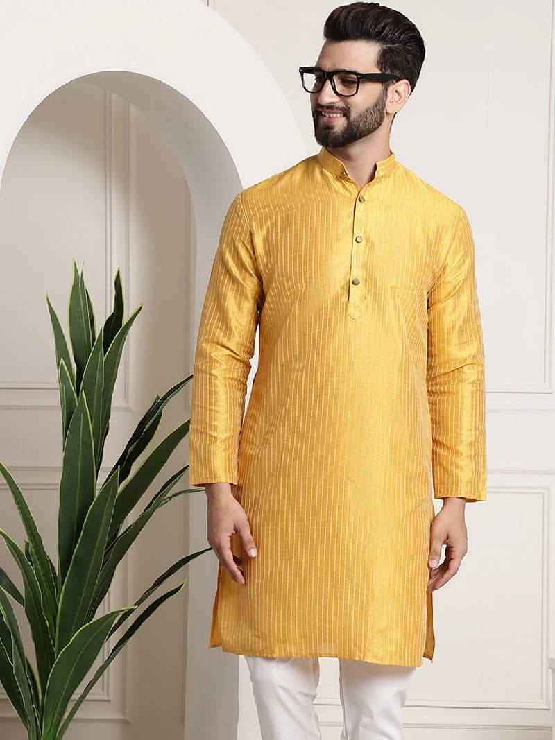 Men's Yellow Festive Striped Kurta