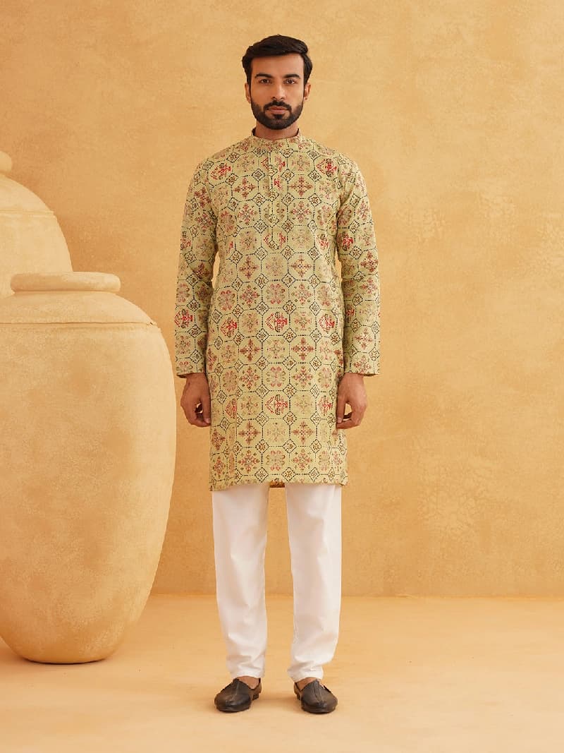Men's Green Festive Solid Kurta