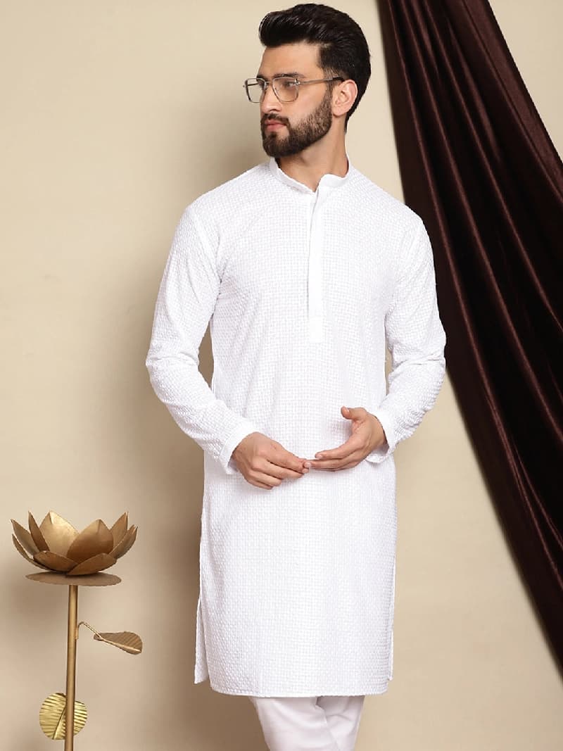 Men's White Casual Checked Kurta