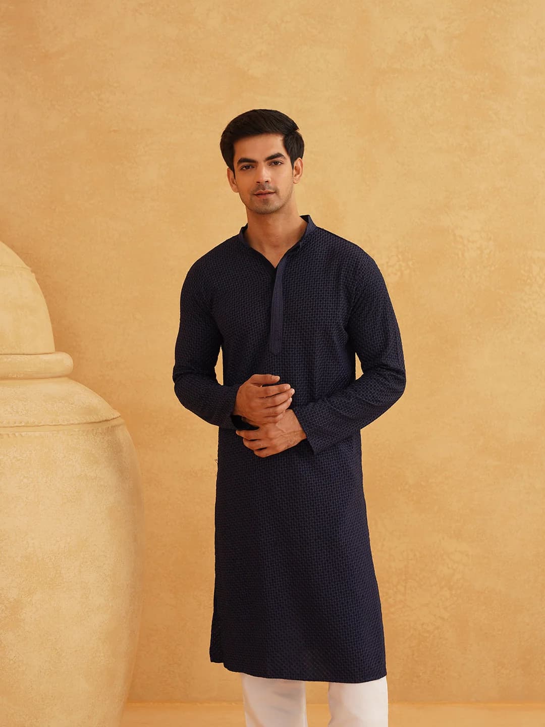 Men's Blue Casual Checked Cotton Kurta