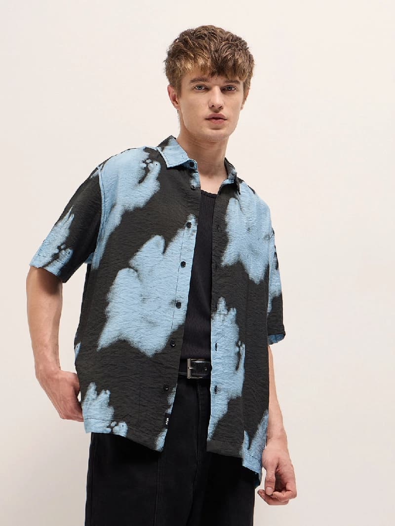Men's Black Casual Printed Regular Fit Shirt