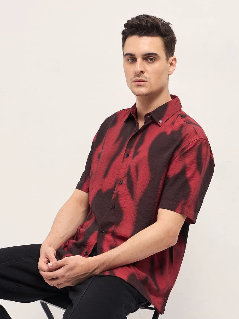 Men's Red Casual Printed Regular Fit Shirt