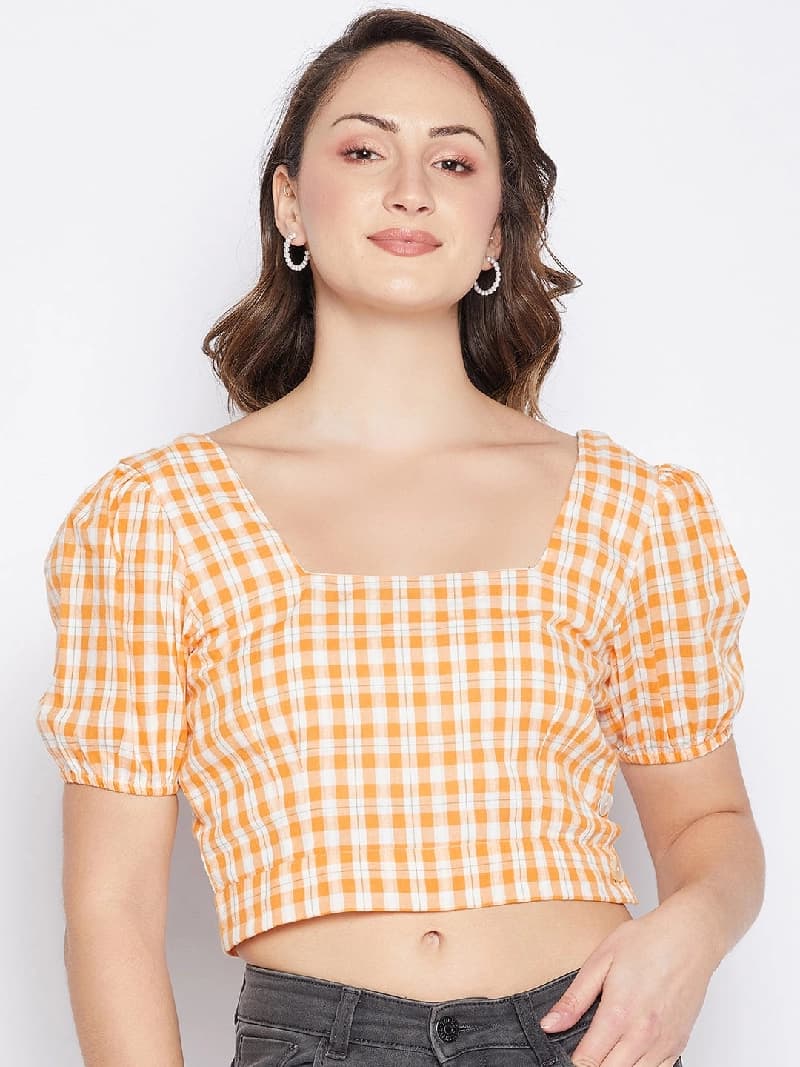 Women's Orange Casual Checked Regular Fit Top
