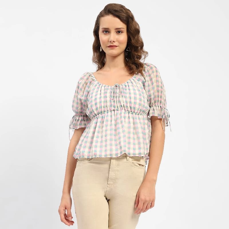 Women's Pink Casual Checked Regular Fit Top