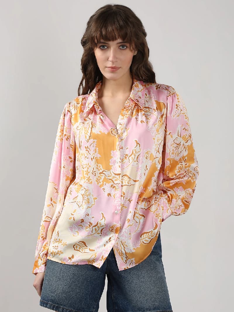 Women's Pink Casual Printed Regular Fit Shirt