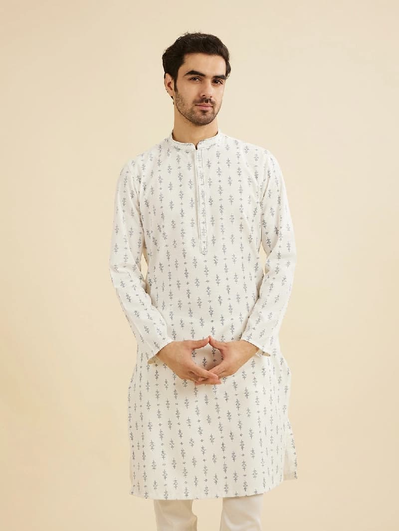 Men's White Festive Printed Regular Fit Kurta