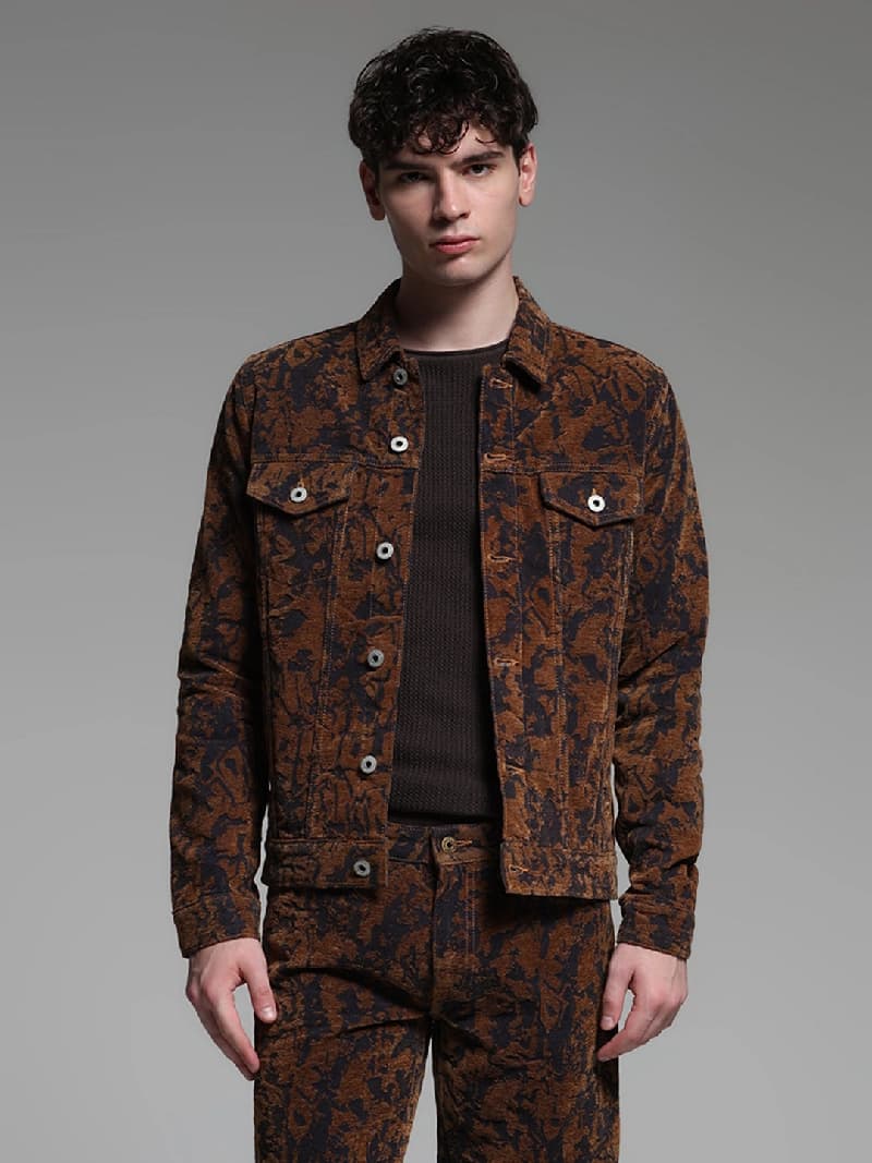 Men's Brown Casual Regular Fit Printed Full Sleeves Jacket
