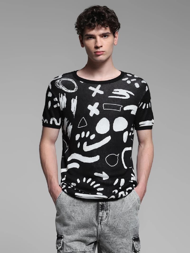Men's Black Casual Regular Fit Printed Half Sleeves Pullover Sweater