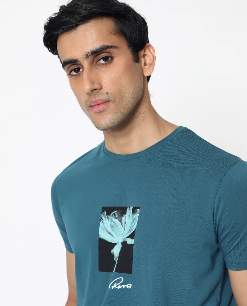 Men's Blue Casual Printed Slim Fit Tshirt