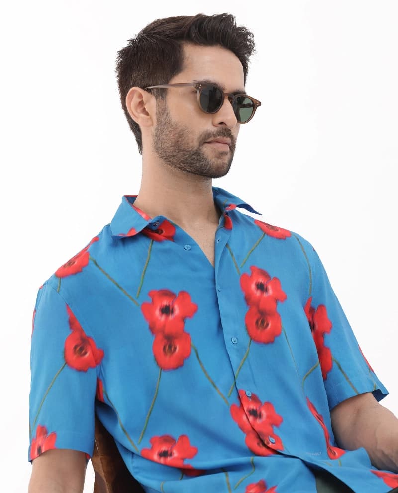 Men's Blue Casual Printed Regular Fit Shirt