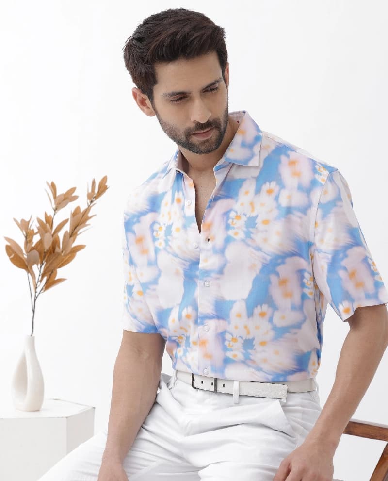 Men's Blue Casual Printed Regular Fit Shirt