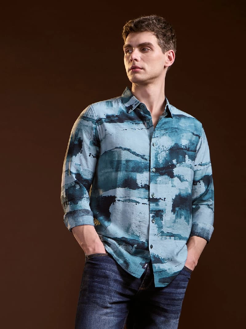 Men's Blue Casual Printed Slim Fit Shirt