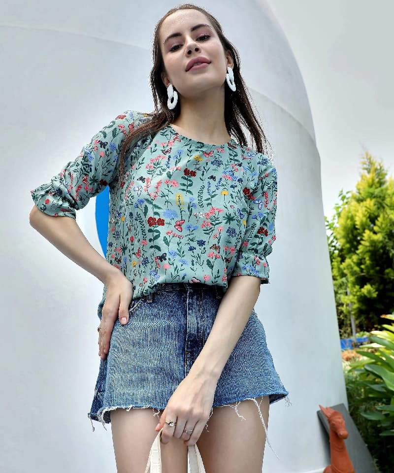 Women's Green Casual Printed Top