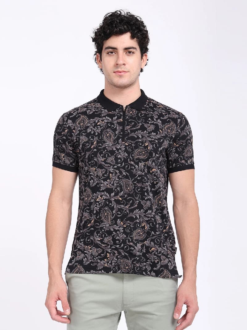 Men's Black Casual Printed Regular Fit Polo Tshirt