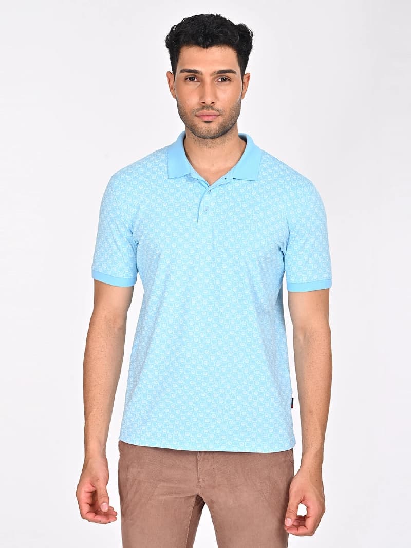 Men's Blue Casual Printed Regular Fit Polo Tshirt