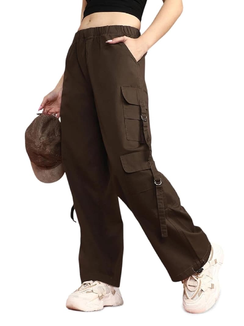 Women's Brown Casual Solid Straight Fit Cargo
