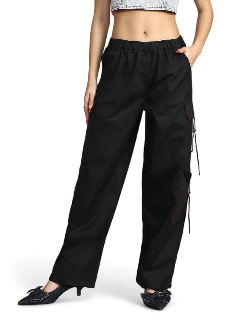 Women's Black Casual Solid Straight Fit Cargo