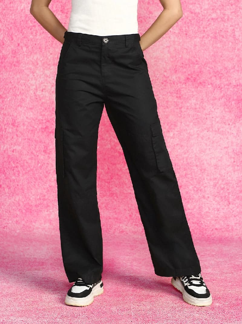 Women's Black Casual Solid Straight Fit Cargo