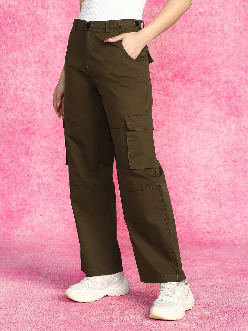 Women's Brown Casual Solid Straight Fit Cargo