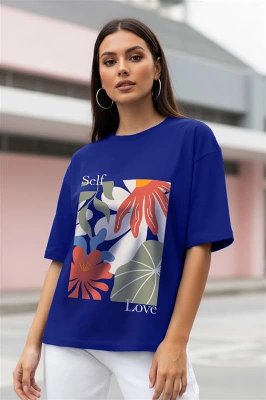 Women's Blue Casual Printed Oversized Fit Tshirt