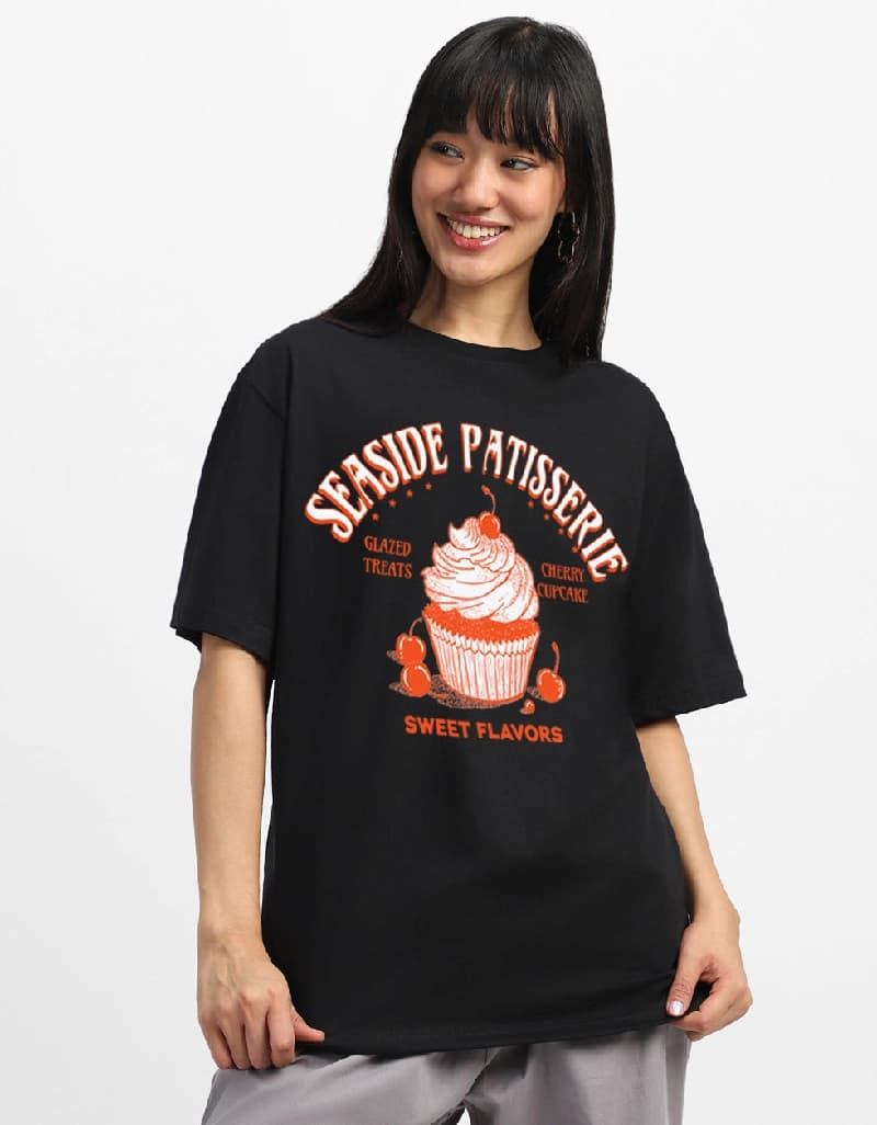 Women's Black Casual Printed Oversized Fit Tshirt