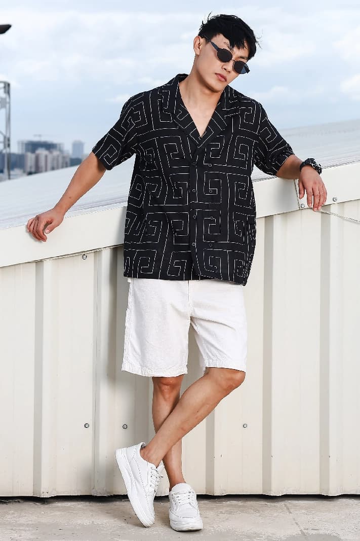 Unisex Black Casual Linen Blend Korean Embroidered Notched Lapel Collar Resort Shirt