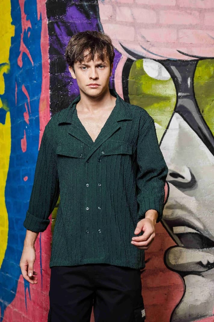 Unisex Green Casual Textured Oversized Fit Shirt