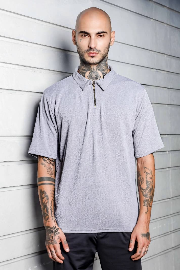 Unisex Grey Casual Textured Oversized Fit Polo Tshirt