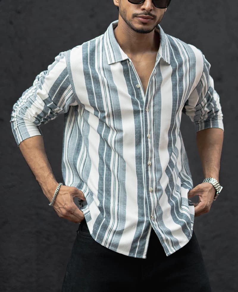 Men's Blue Casual Striped Regular Fit Shirt