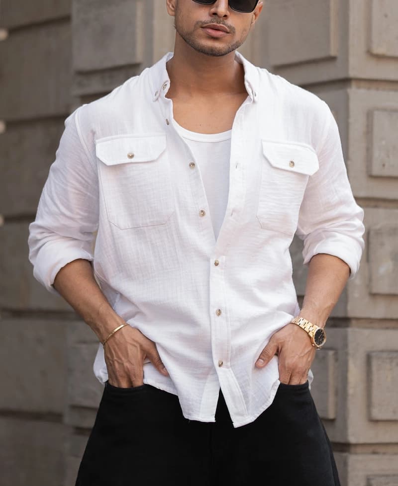 Men's White Casual Solid Regular Fit Shirt