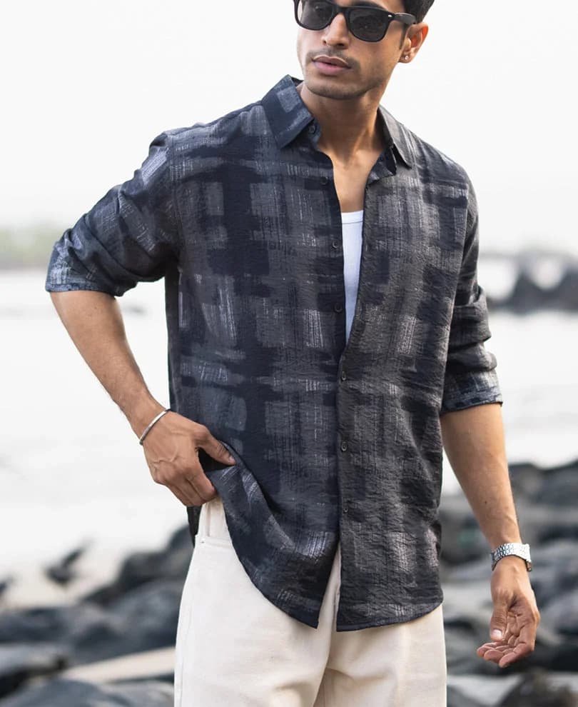 Men's Grey Casual Checked Regular Fit Shirt