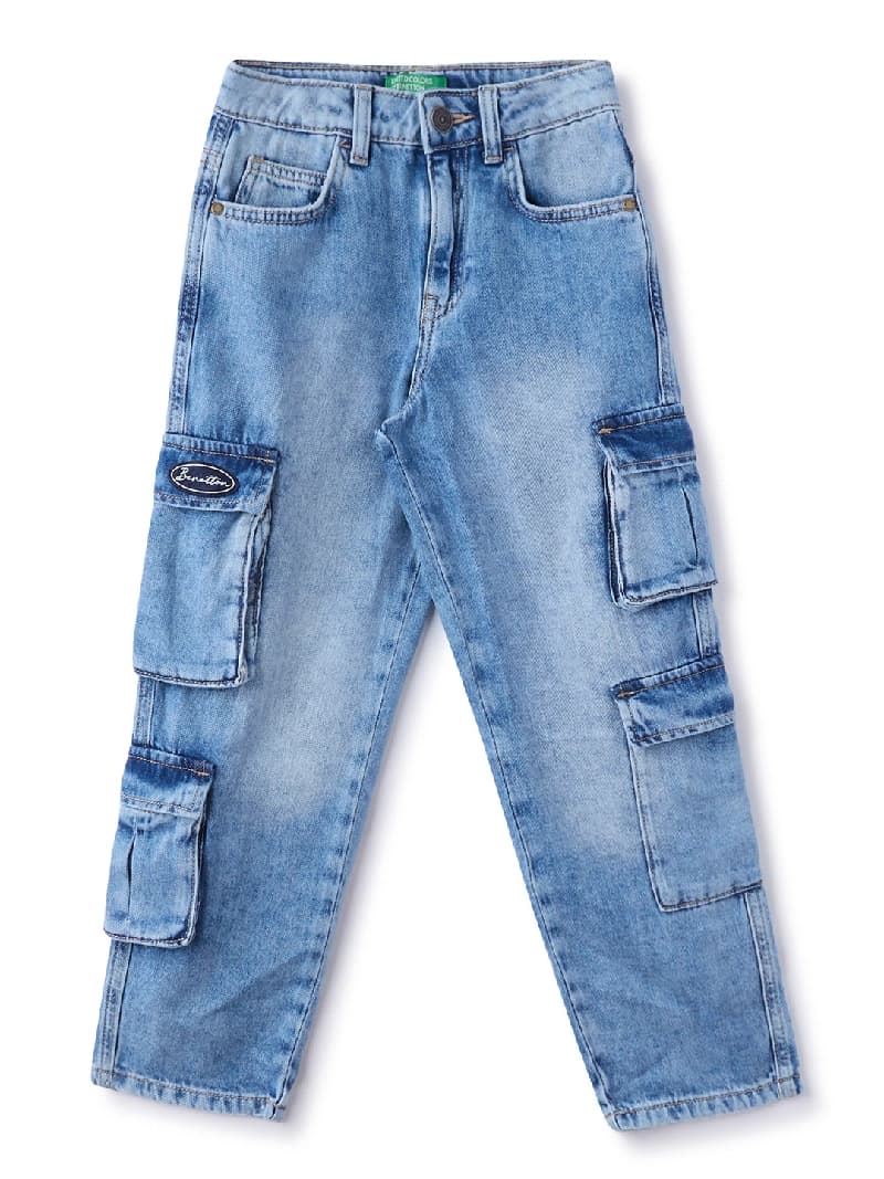 Boys Blue Casual Low Rise Loose Fit Multi Pocket Badge Denim Cargos