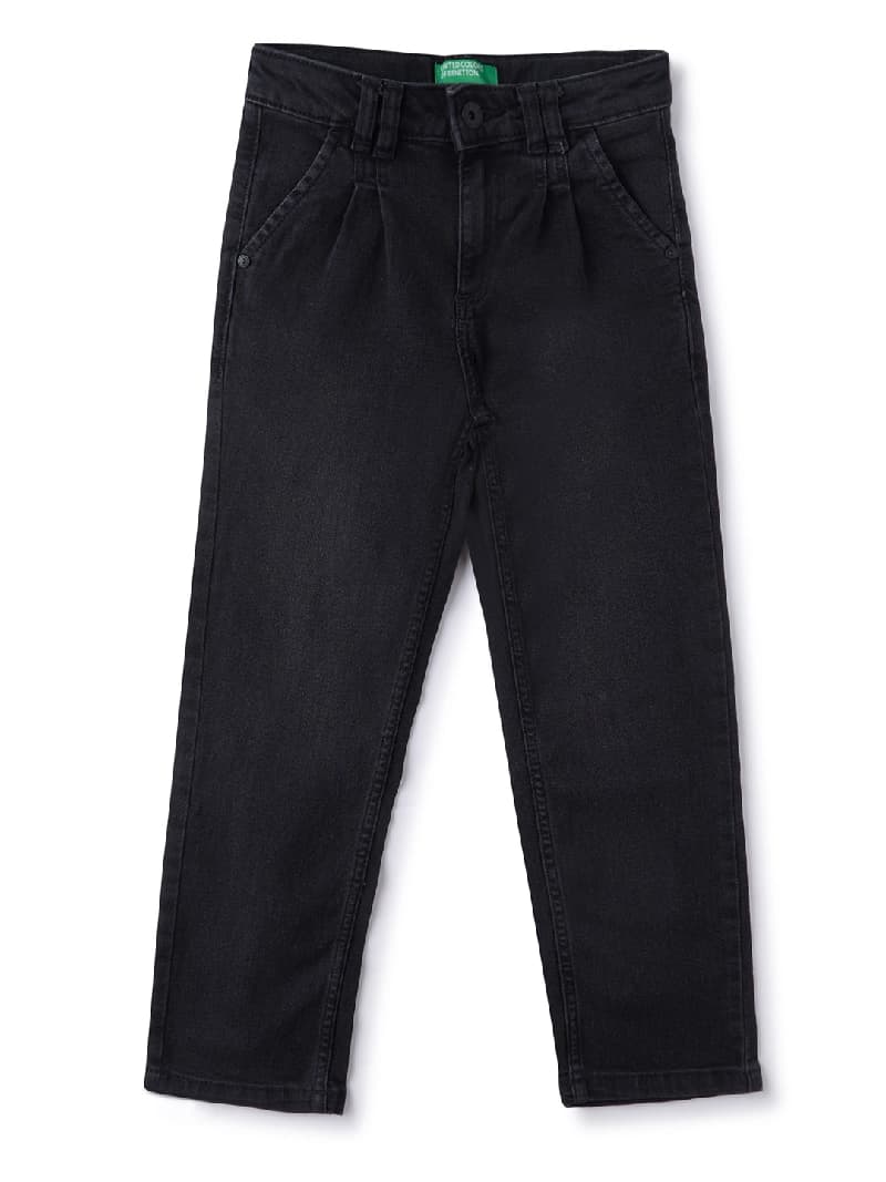 Boys Black Casual Low Rise Black Pleated Double Loop Detail Denim Jeans