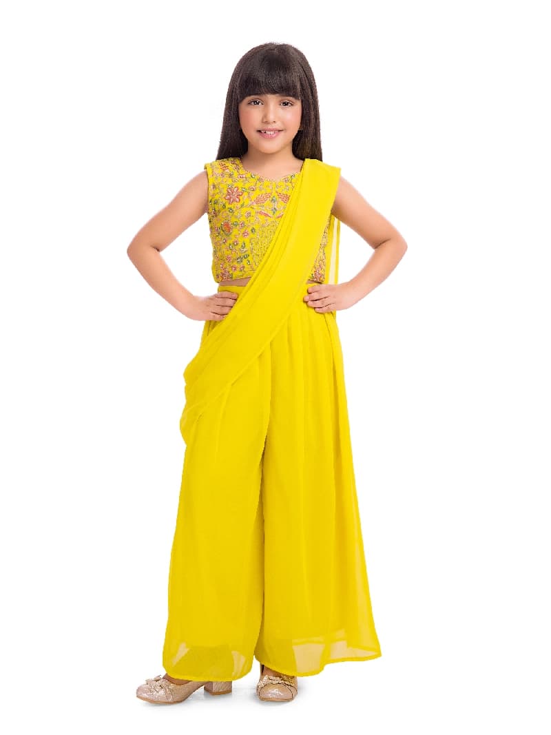 Girls Yellow Colored Palazzo Set with Jacket