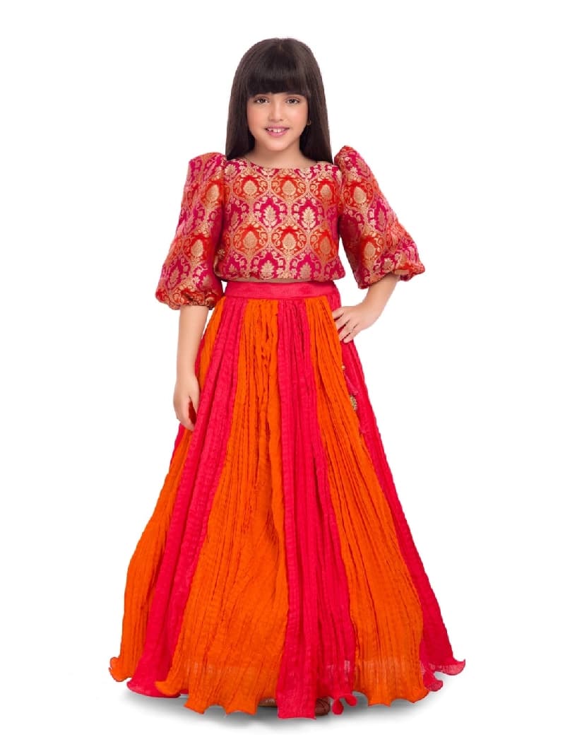 Girls Orange Festive Printed Lehenga Choli