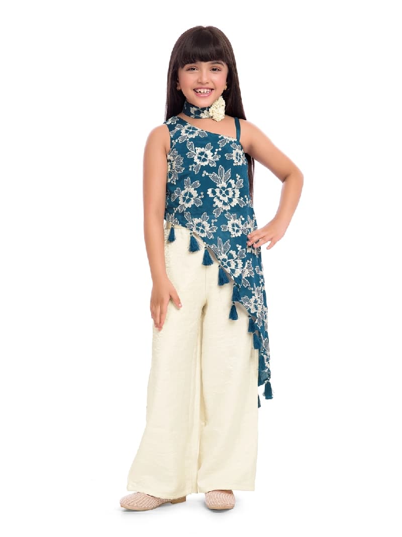 Girls Blue Colored Palazzo Set with Neck Belt